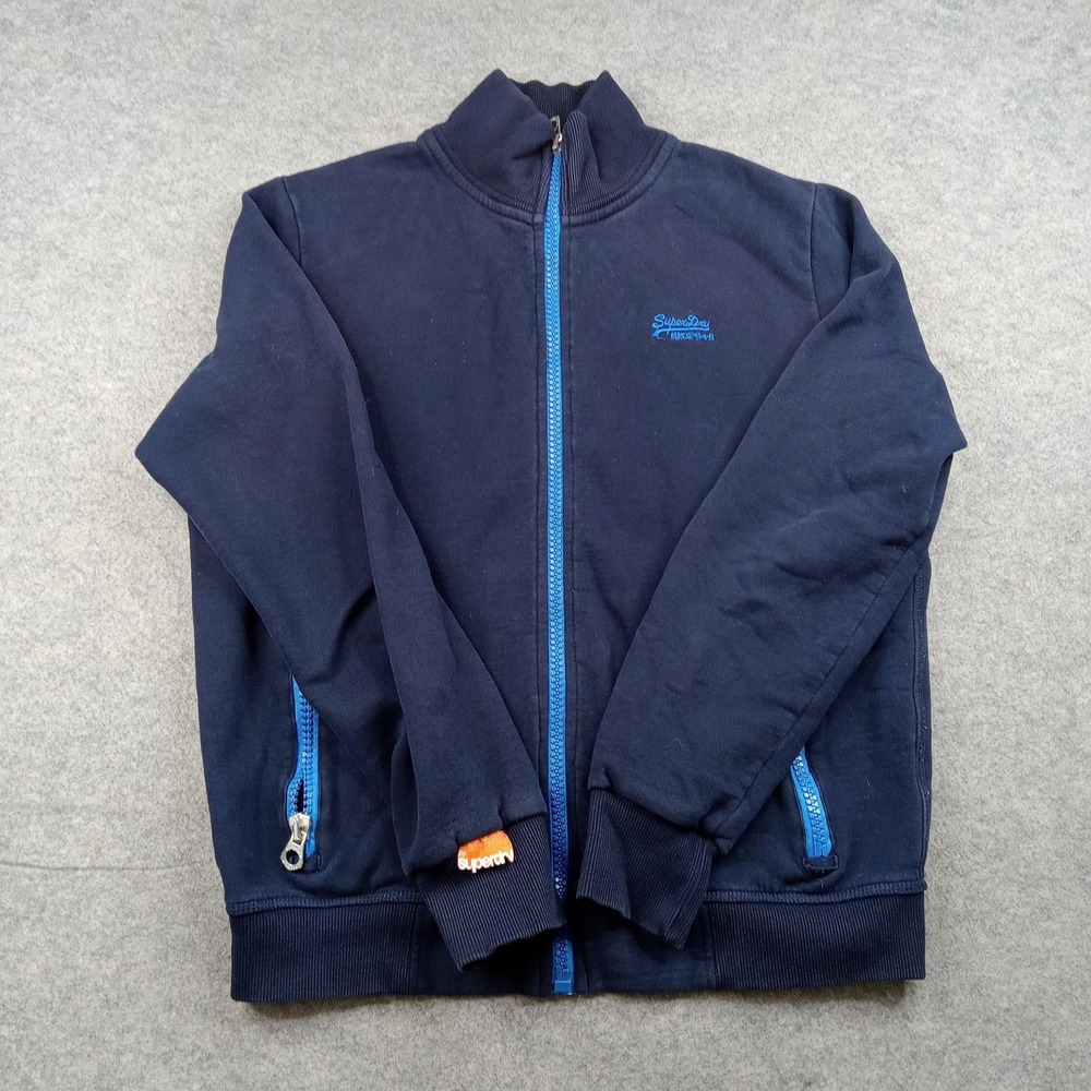 Superdry Sweatshirt‎ Mens XL Blue Fleece Full Zip Logo Pockets Orange Label